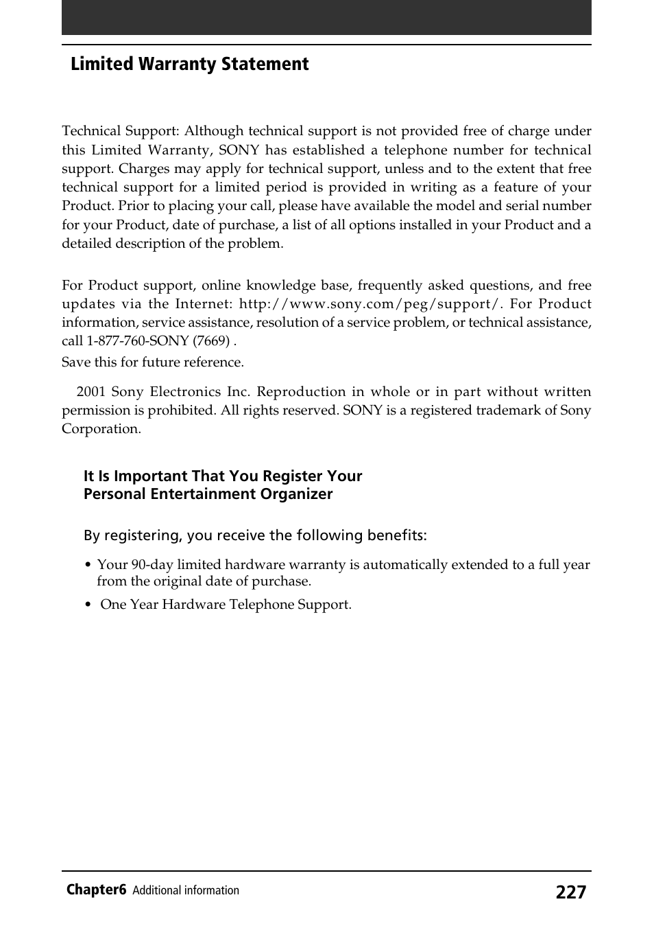 Limited warranty statement | Sony PEG-S320 User Manual | Page 227 / 233