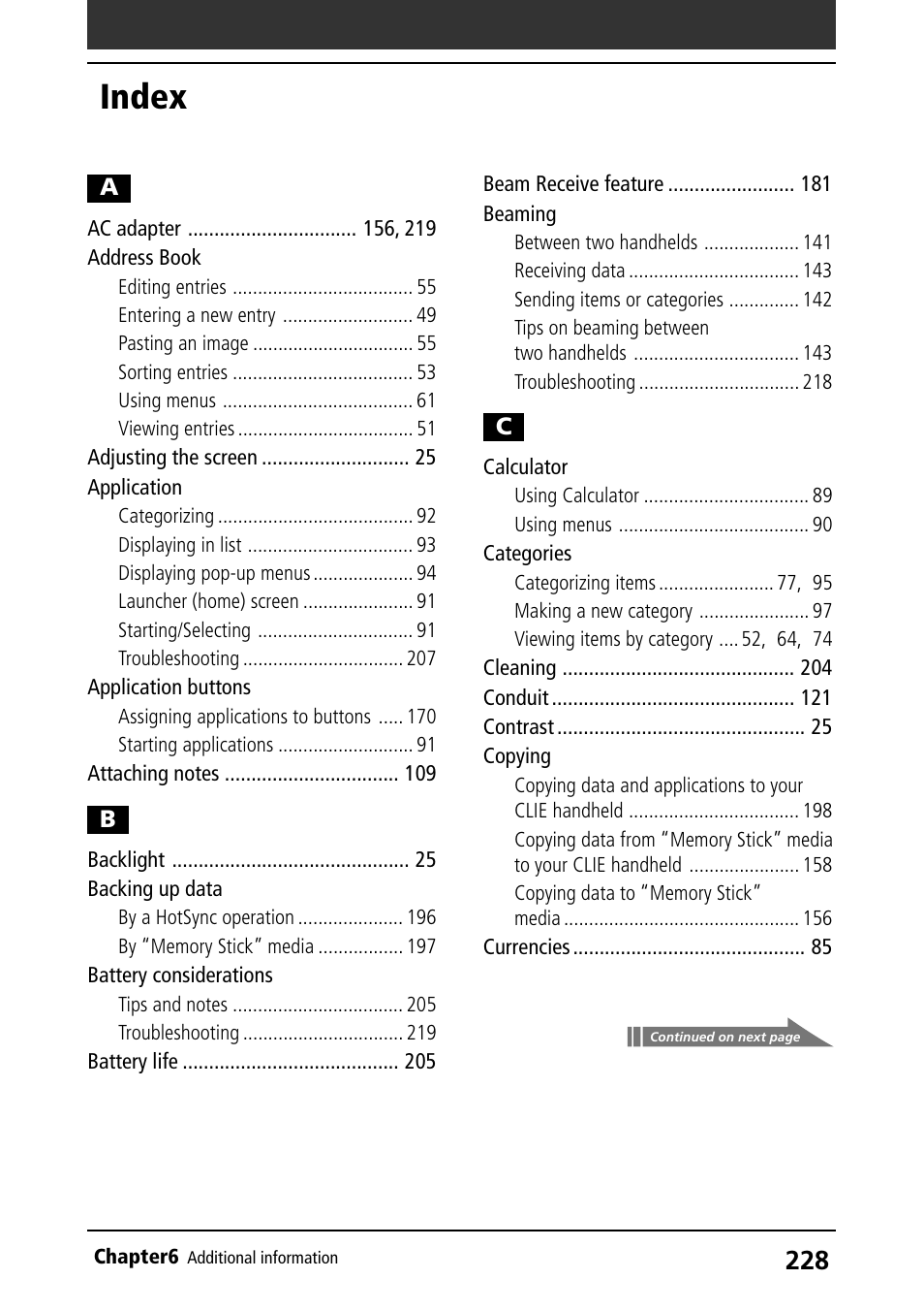 Index, Ac adapter, Address book | Application, Application buttons, Backing up data, Battery considerations, Beaming, Calculator, Categories | Sony PEG-S320 User Manual | Page 228 / 233