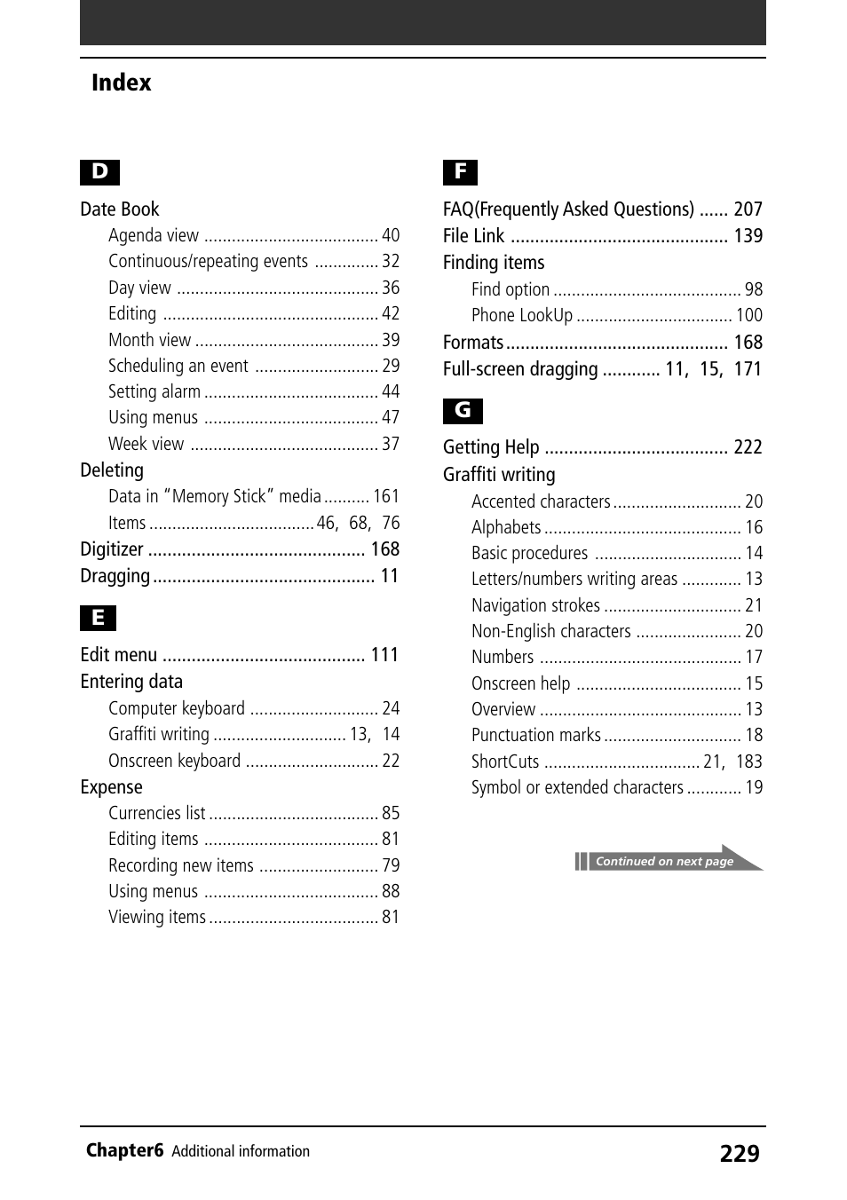 Date book, Deleting, Entering data | Expense, Finding items, Graffiti writing, Index | Sony PEG-S320 User Manual | Page 229 / 233