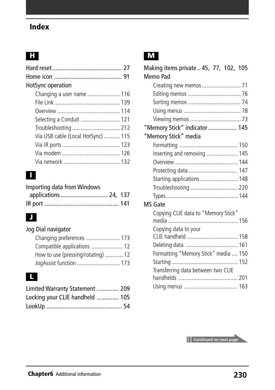 Hotsync operation, Jog dial navigator, Memo pad | Memory stick” media, Ms gate, Index | Sony PEG-S320 User Manual | Page 230 / 233