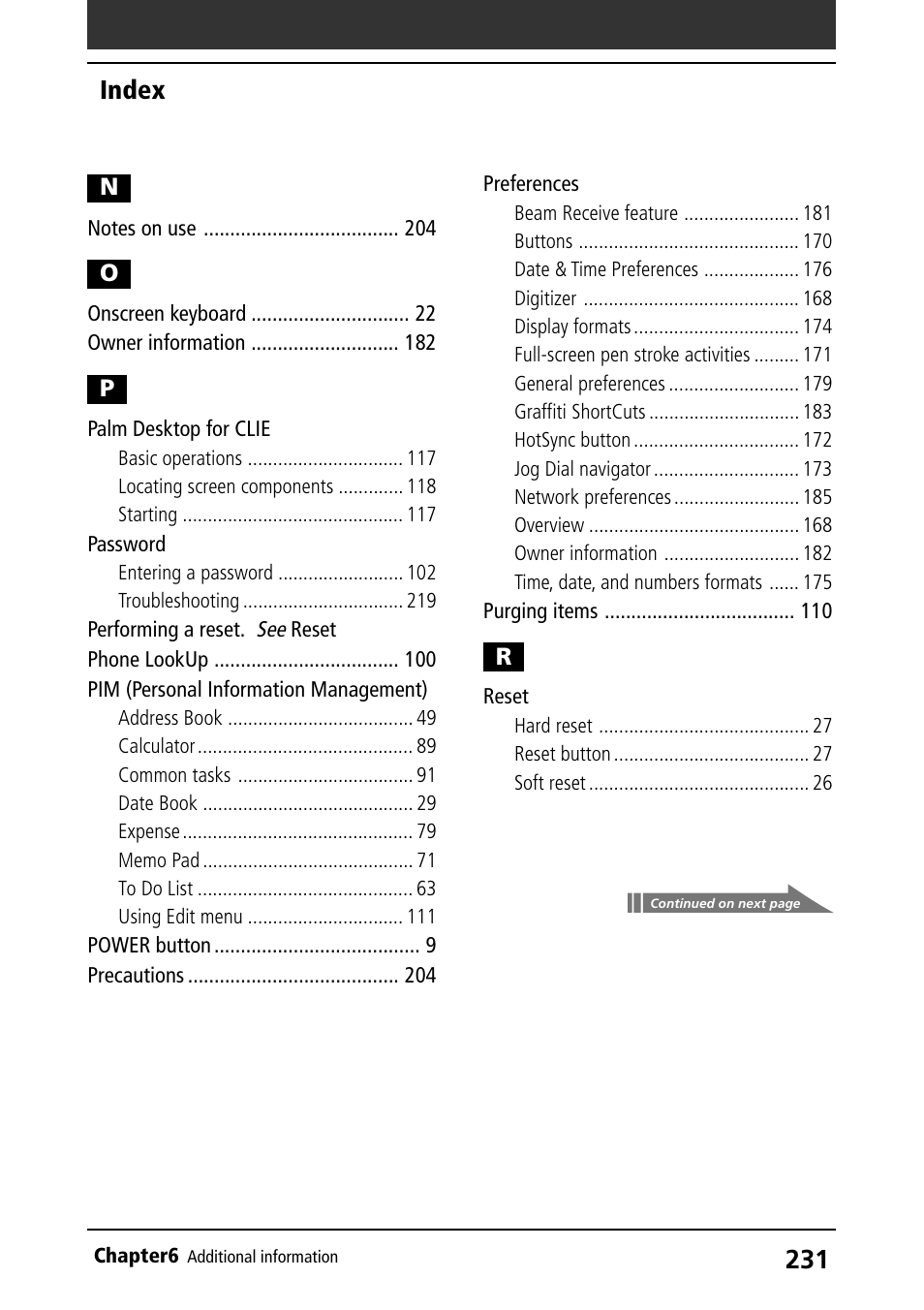 Palm desktop for clie, Password, Performing a reset | Pim (personal information management), Preferences, Reset, Index | Sony PEG-S320 User Manual | Page 231 / 233