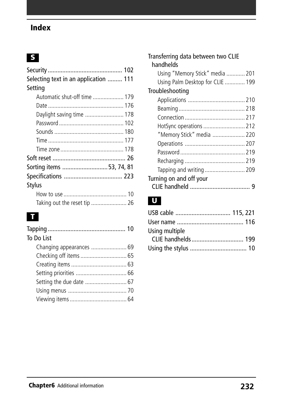 Setting, Stylus, To do list | Transferring data between two clie handhelds, Troubleshooting, Index | Sony PEG-S320 User Manual | Page 232 / 233