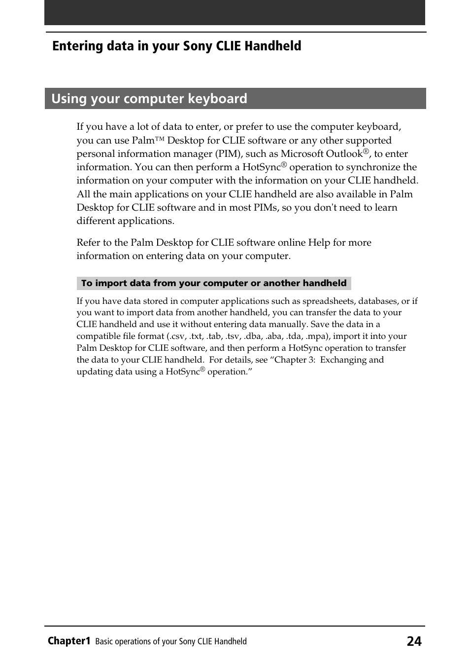 Using your computer keyboard, Computer keyboard, Importing data from windows applications | 24 using your computer keyboard, Entering data in your sony clie handheld | Sony PEG-S320 User Manual | Page 24 / 233