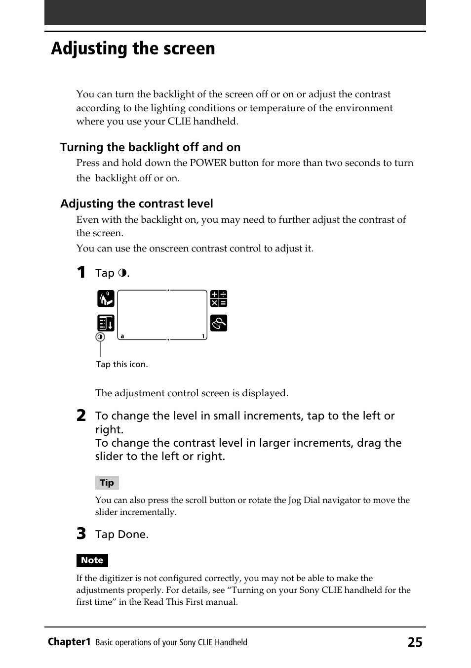 Adjusting the screen, Backlight, Contrast | Sony PEG-S320 User Manual | Page 25 / 233