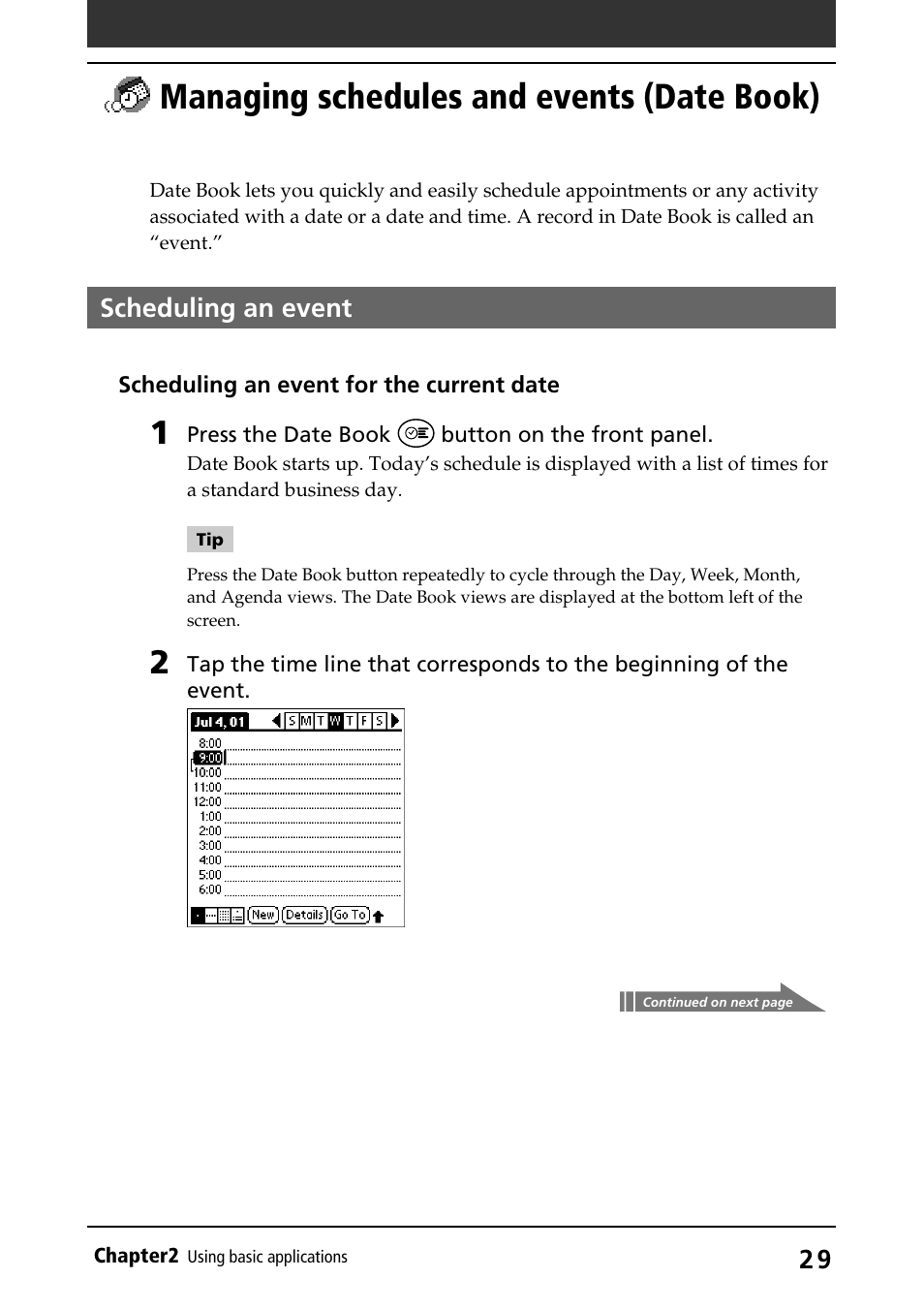 Managing schedules and events (date book), Scheduling an event, Date book | Managing schedules and, Events (date book) | Sony PEG-S320 User Manual | Page 29 / 233