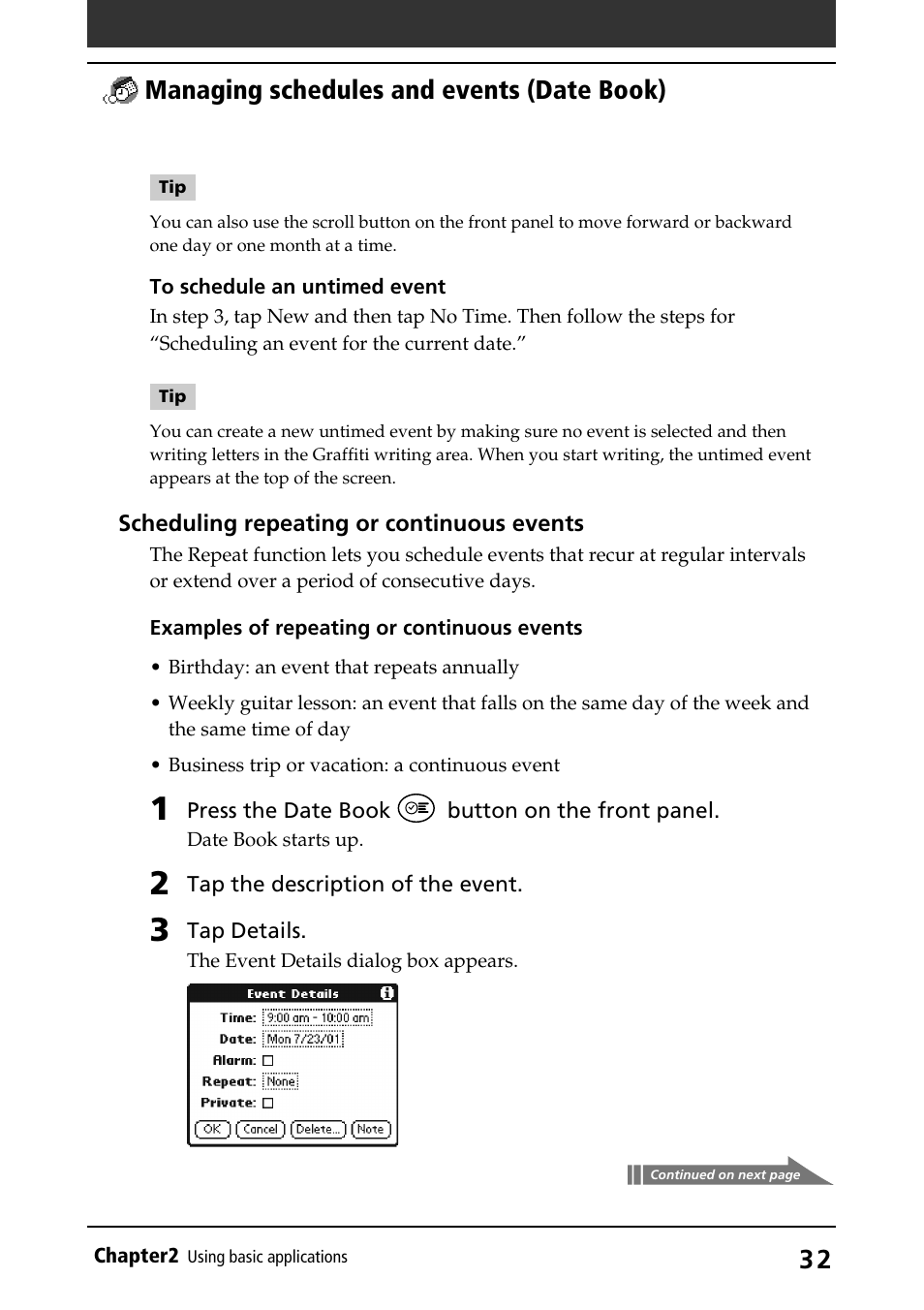 Continuous/repeating events, Managing schedules and events (date book) | Sony PEG-S320 User Manual | Page 32 / 233