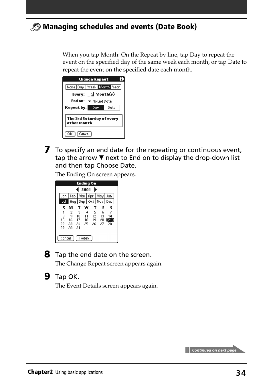 Managing schedules and events (date book) | Sony PEG-S320 User Manual | Page 34 / 233