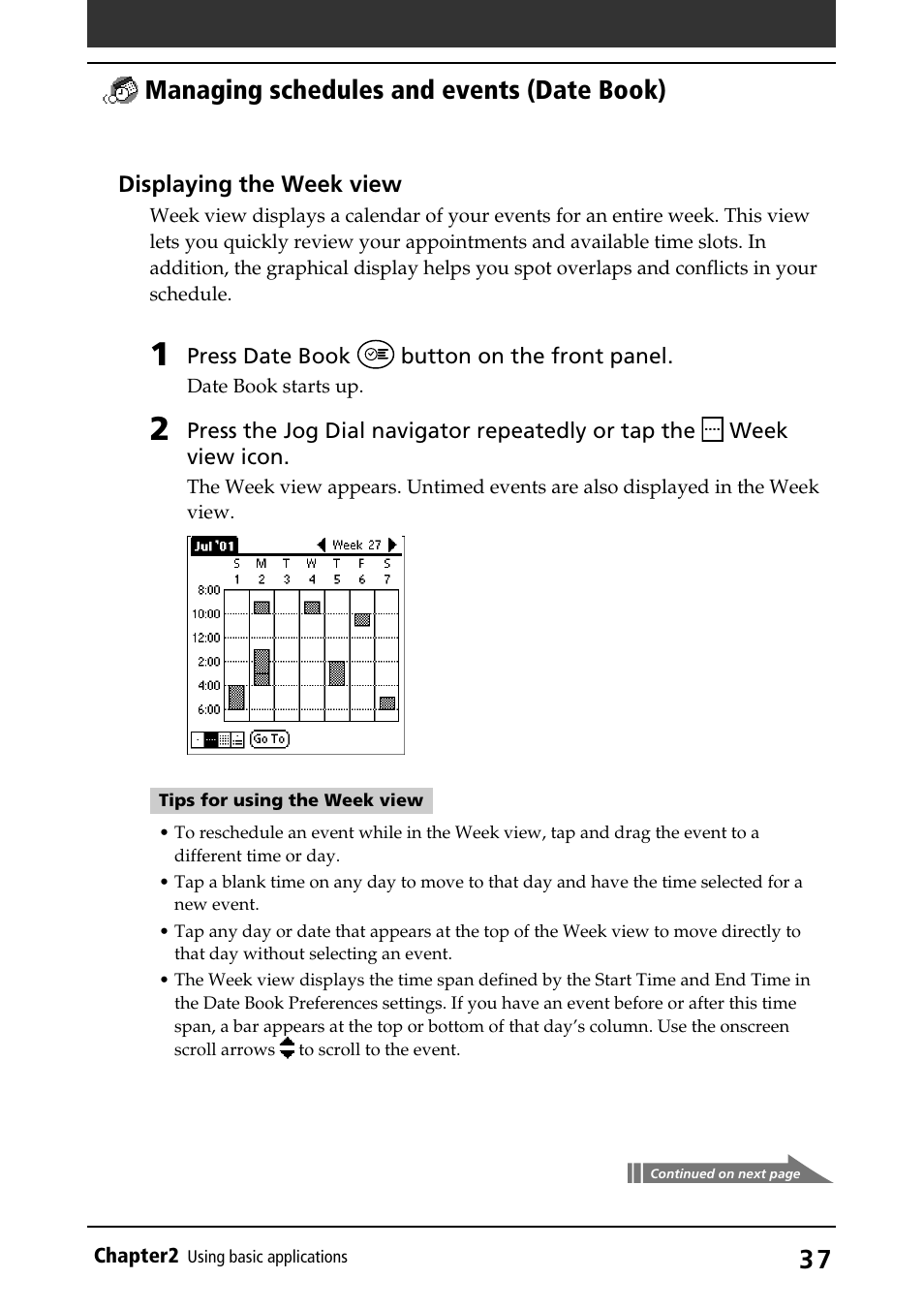 Week view, Managing schedules and events (date book) | Sony PEG-S320 User Manual | Page 37 / 233