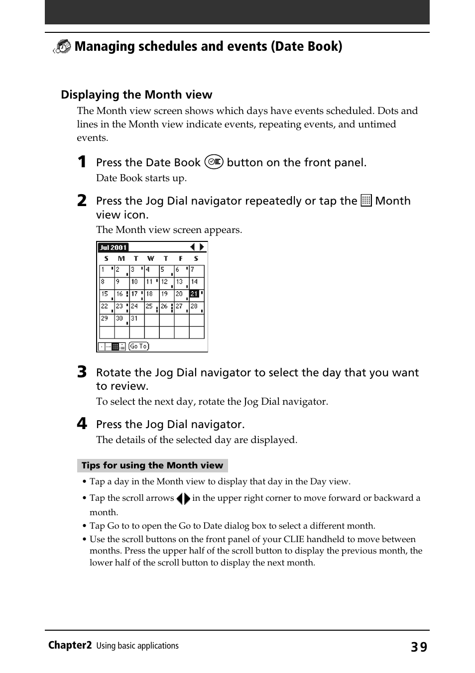 Month view, Managing schedules and events (date book) | Sony PEG-S320 User Manual | Page 39 / 233