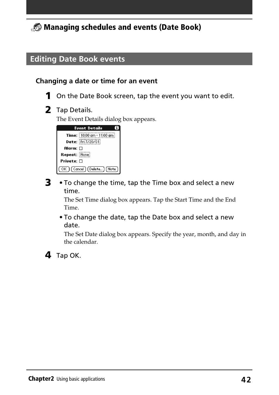 Editing date book events, Editing | Sony PEG-S320 User Manual | Page 42 / 233