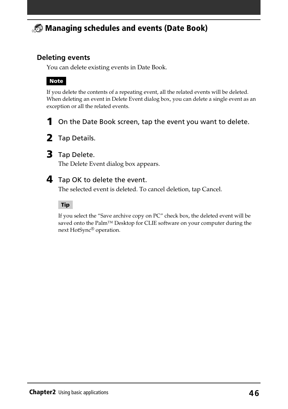 Items, Managing schedules and events (date book) | Sony PEG-S320 User Manual | Page 46 / 233