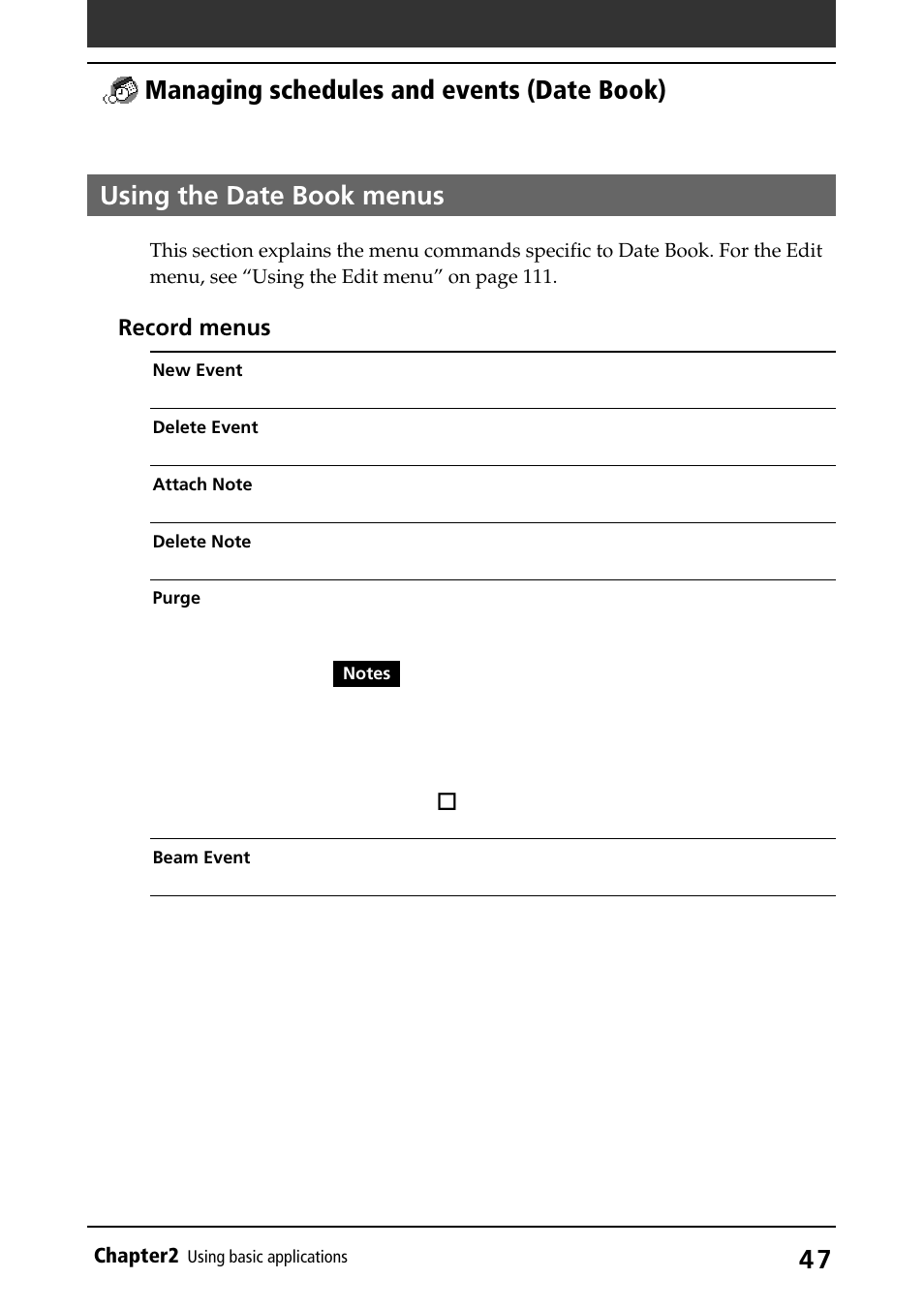 Using the date book menus, Using menus, 4 7 using the date book menus | Managing schedules and events (date book), Record menus | Sony PEG-S320 User Manual | Page 47 / 233