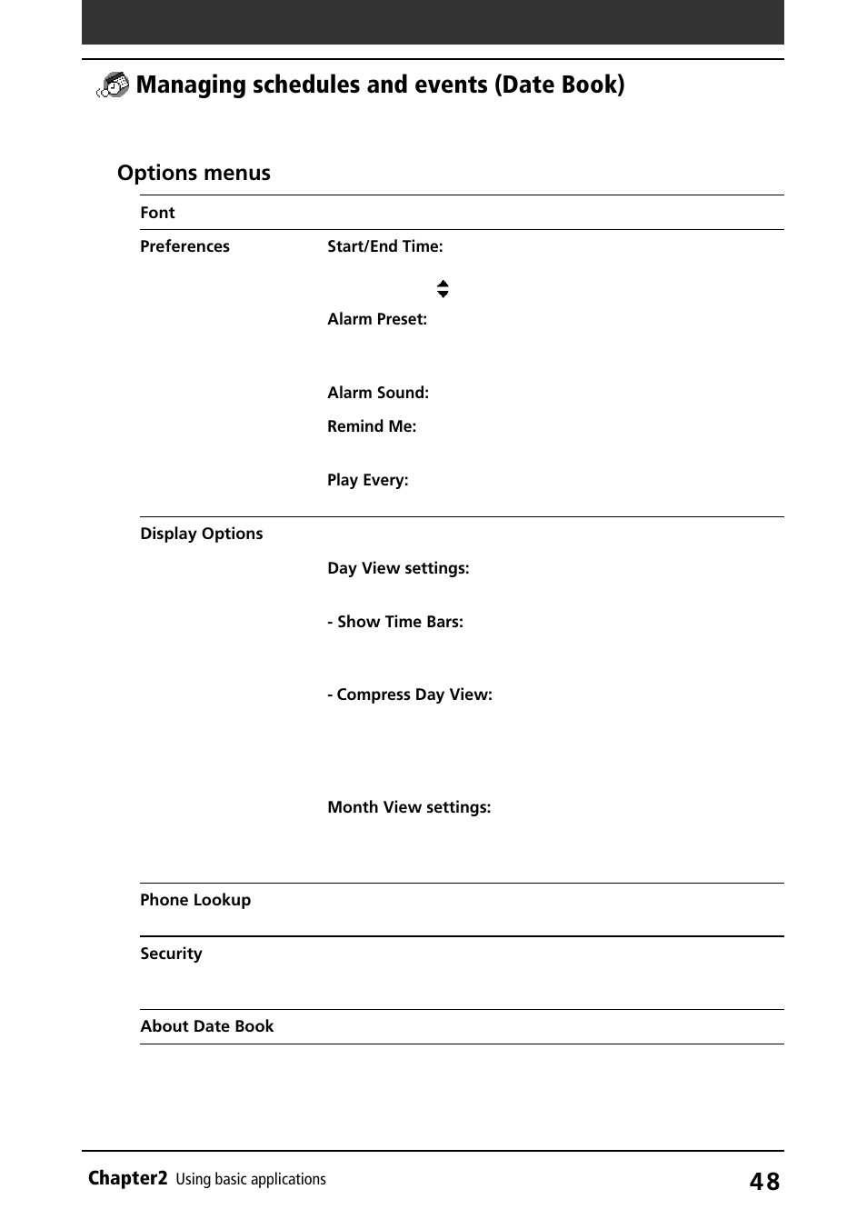 Managing schedules and events (date book), Options menus | Sony PEG-S320 User Manual | Page 48 / 233