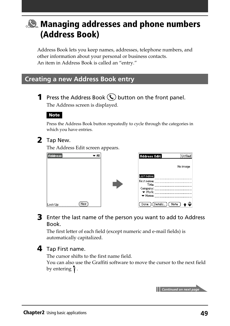 Creating a new address book entry, Entering a new entry, Address book | Managing addresses and phone, Numbers (address book) | Sony PEG-S320 User Manual | Page 49 / 233