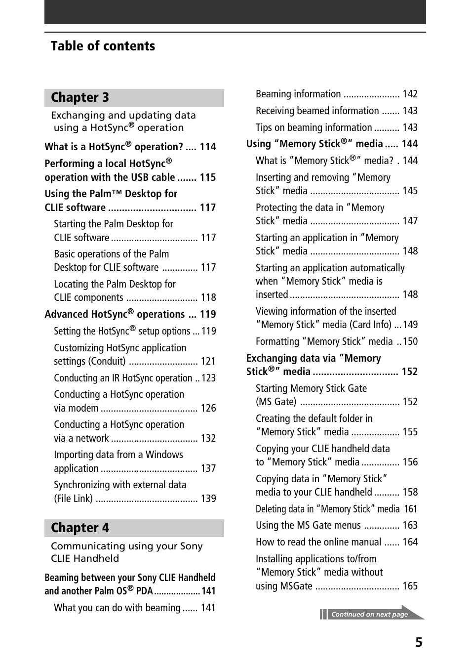 5table of contents, Chapter 3, Chapter 4 | Sony PEG-S320 User Manual | Page 5 / 233