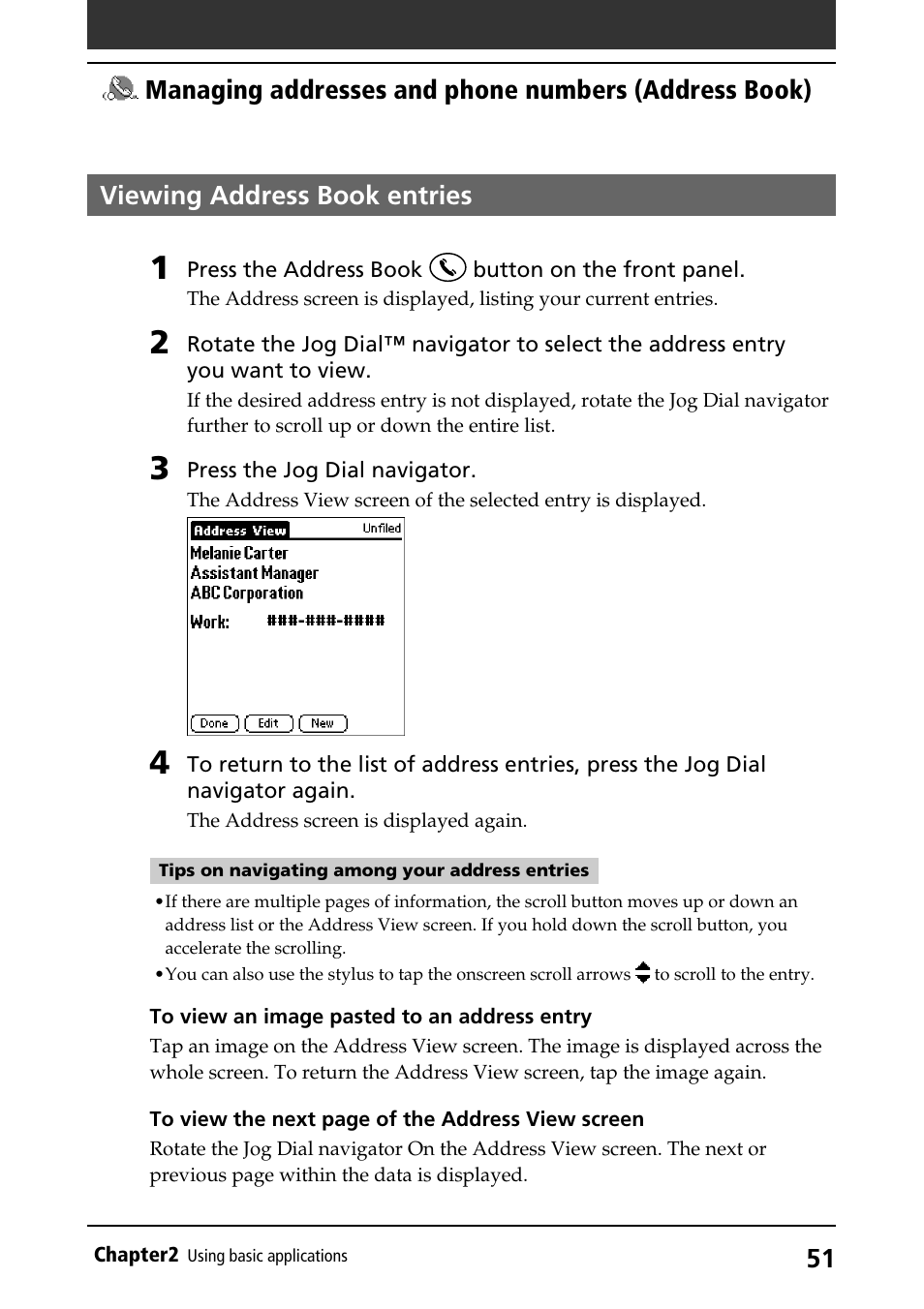 Viewing address book entries, Viewing entries | Sony PEG-S320 User Manual | Page 51 / 233