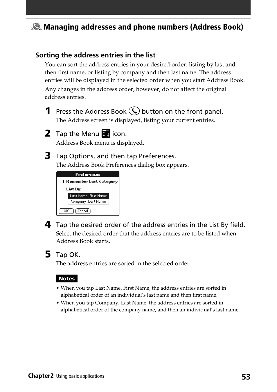 Sorting entries, Sorting items | Sony PEG-S320 User Manual | Page 53 / 233