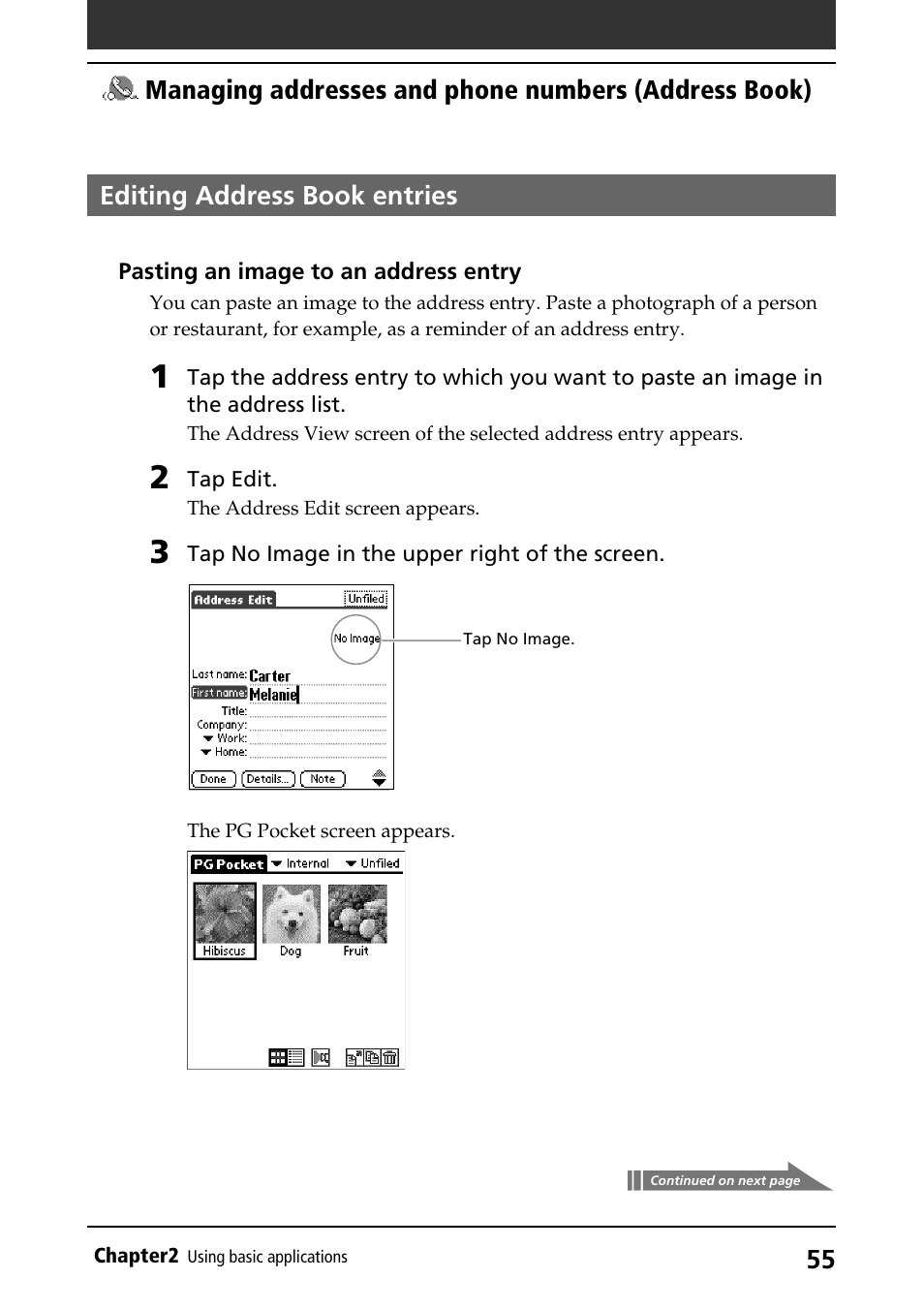 Editing address book entries, Editing entries, Pasting an image | Sony PEG-S320 User Manual | Page 55 / 233