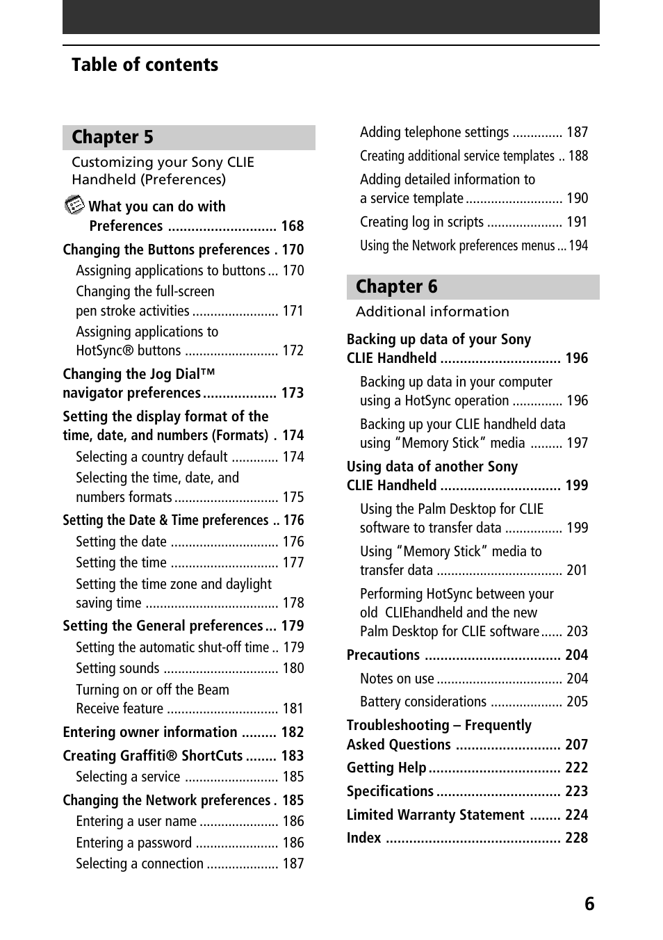 6table of contents chapter 5, Chapter 6 | Sony PEG-S320 User Manual | Page 6 / 233