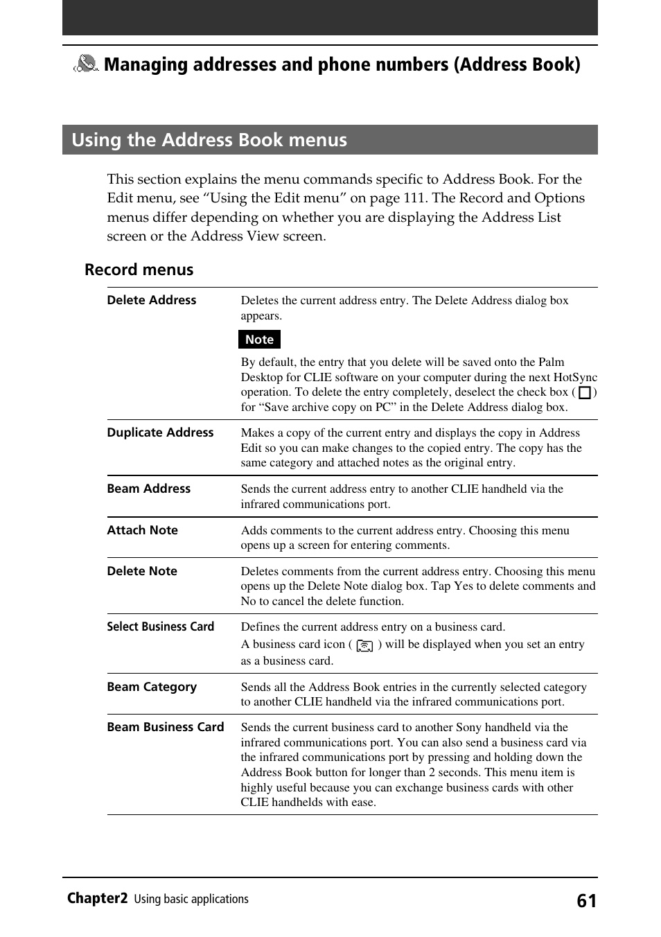 Using the address book menus, Using menus, Record menus | Sony PEG-S320 User Manual | Page 61 / 233