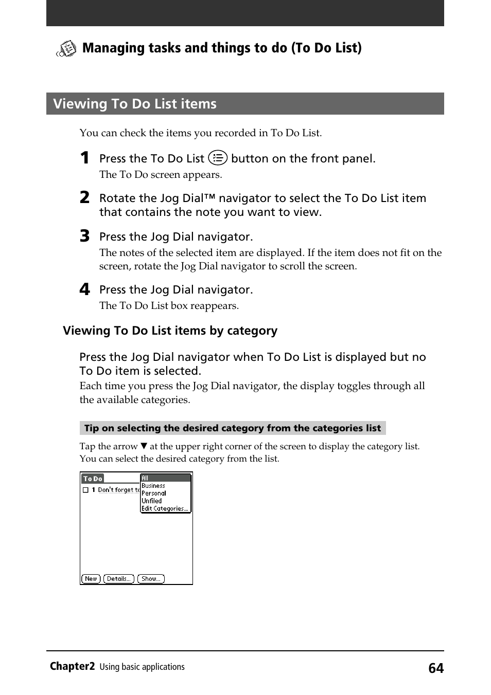 Viewing to do list items, Viewing items | Sony PEG-S320 User Manual | Page 64 / 233