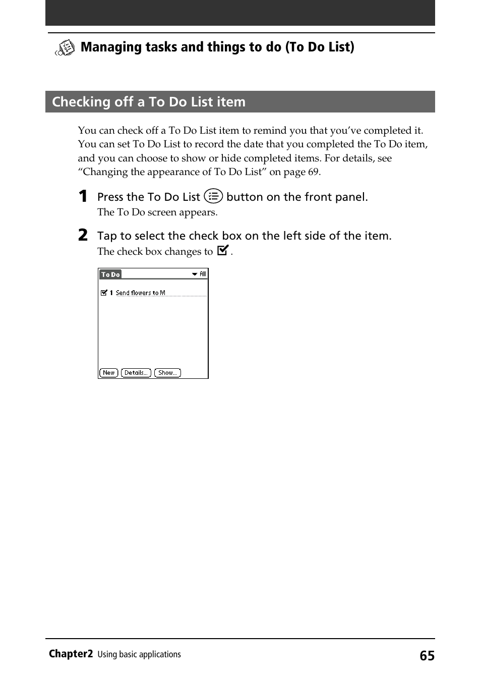 Checking off a to do list item, Checking off items | Sony PEG-S320 User Manual | Page 65 / 233