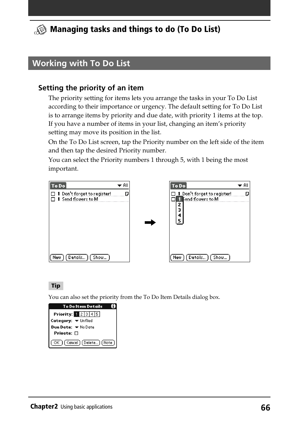 Working with to do list, Setting priorities, Managing tasks and things to do (to do list) | Sony PEG-S320 User Manual | Page 66 / 233