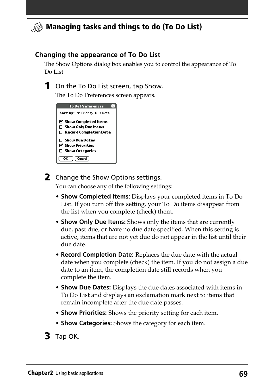 Changing appearances, Managing tasks and things to do (to do list) | Sony PEG-S320 User Manual | Page 69 / 233