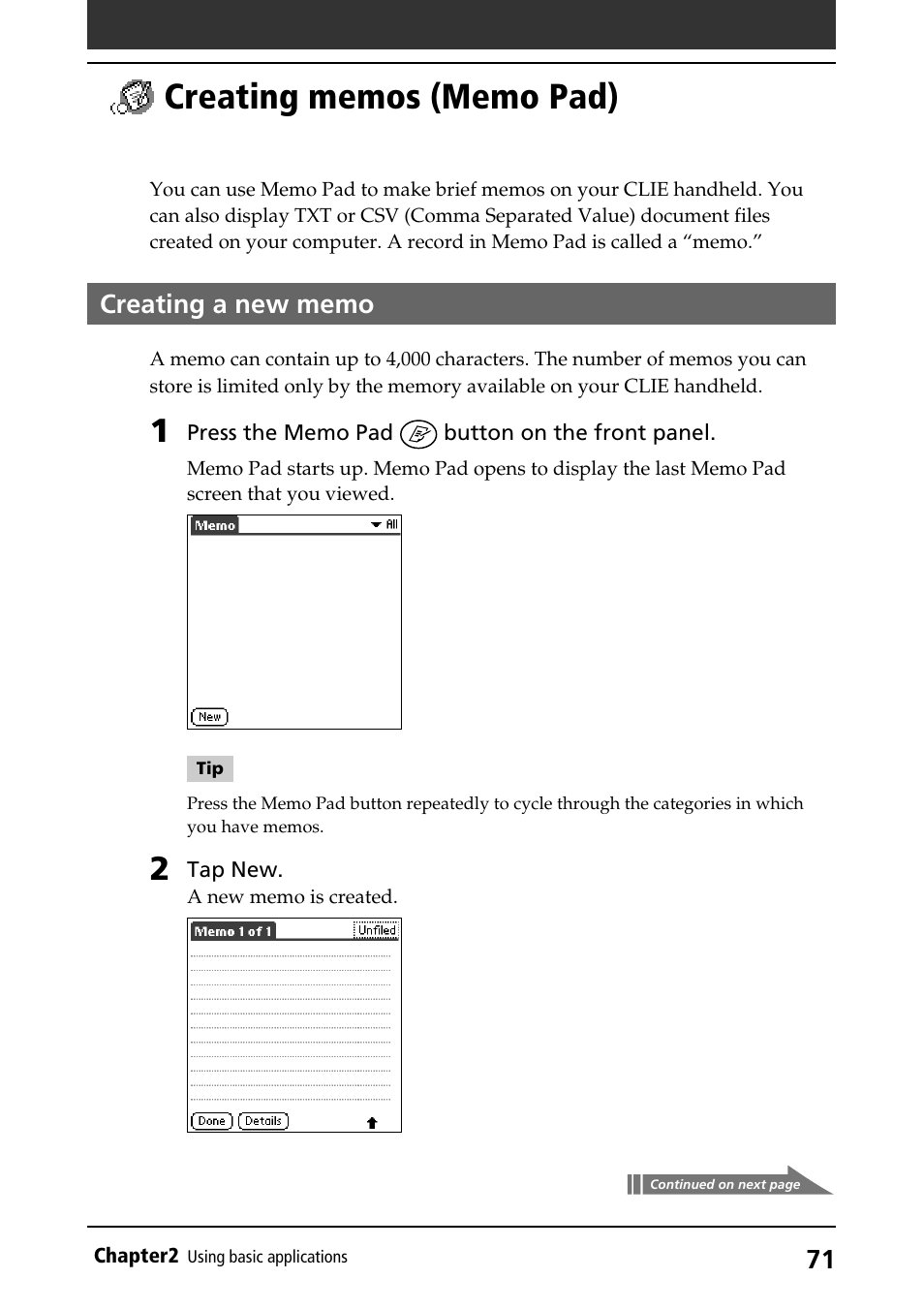 Creating memos (memo pad), Creating a new memo, Creating new memos | Memo pad | Sony PEG-S320 User Manual | Page 71 / 233