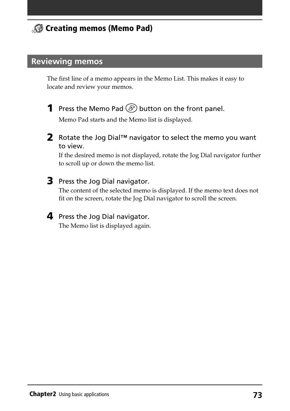 Reviewing memos, Viewing memos | Sony PEG-S320 User Manual | Page 73 / 233