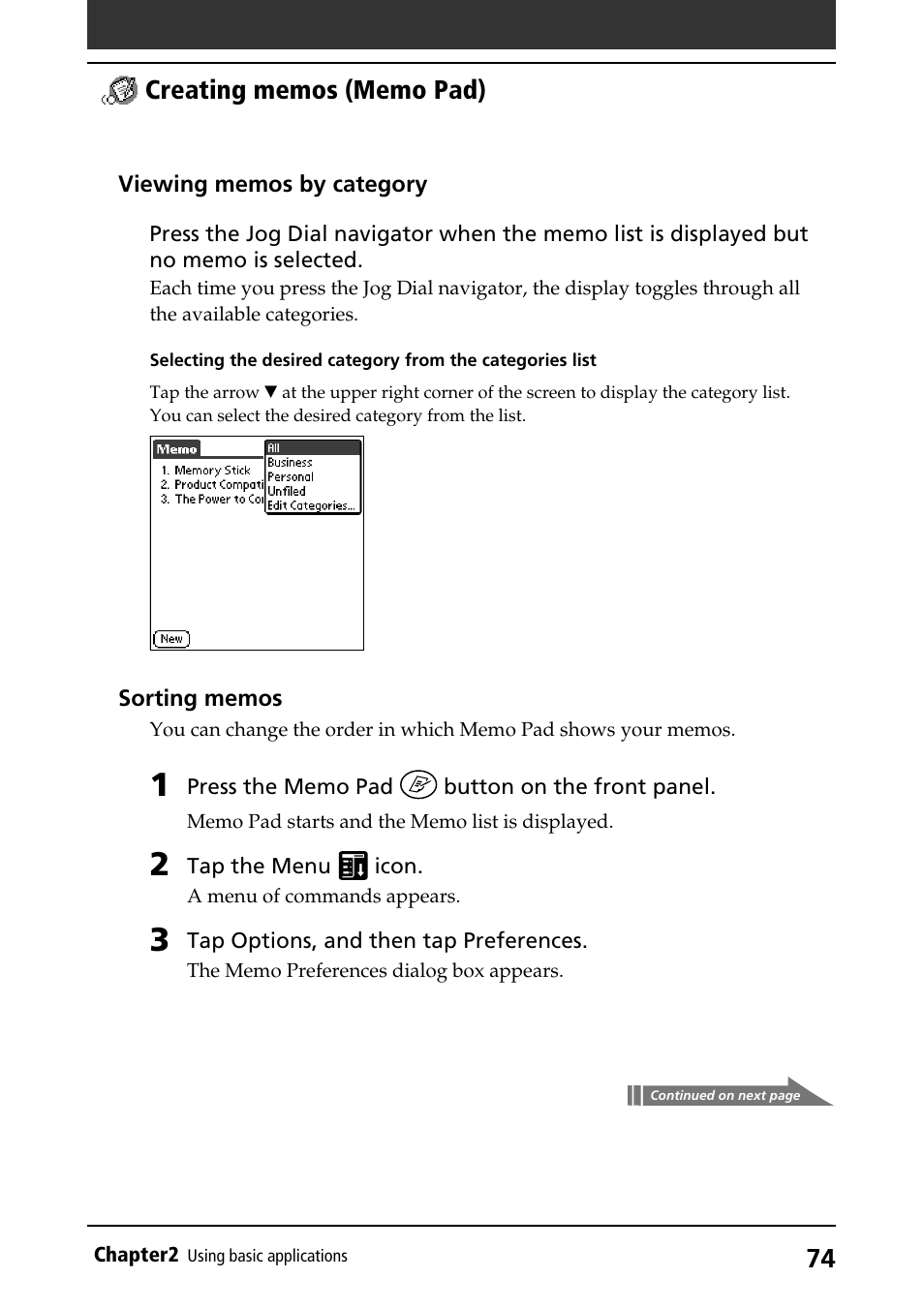 Sorting memos | Sony PEG-S320 User Manual | Page 74 / 233