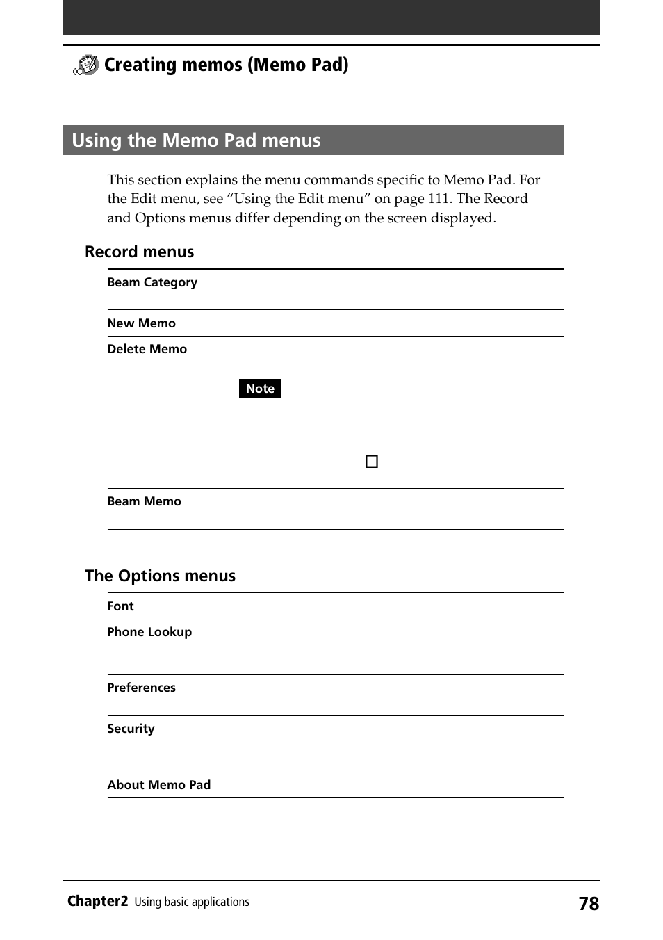 Using the memo pad menus, Using menus, Record menus | The options menus | Sony PEG-S320 User Manual | Page 78 / 233