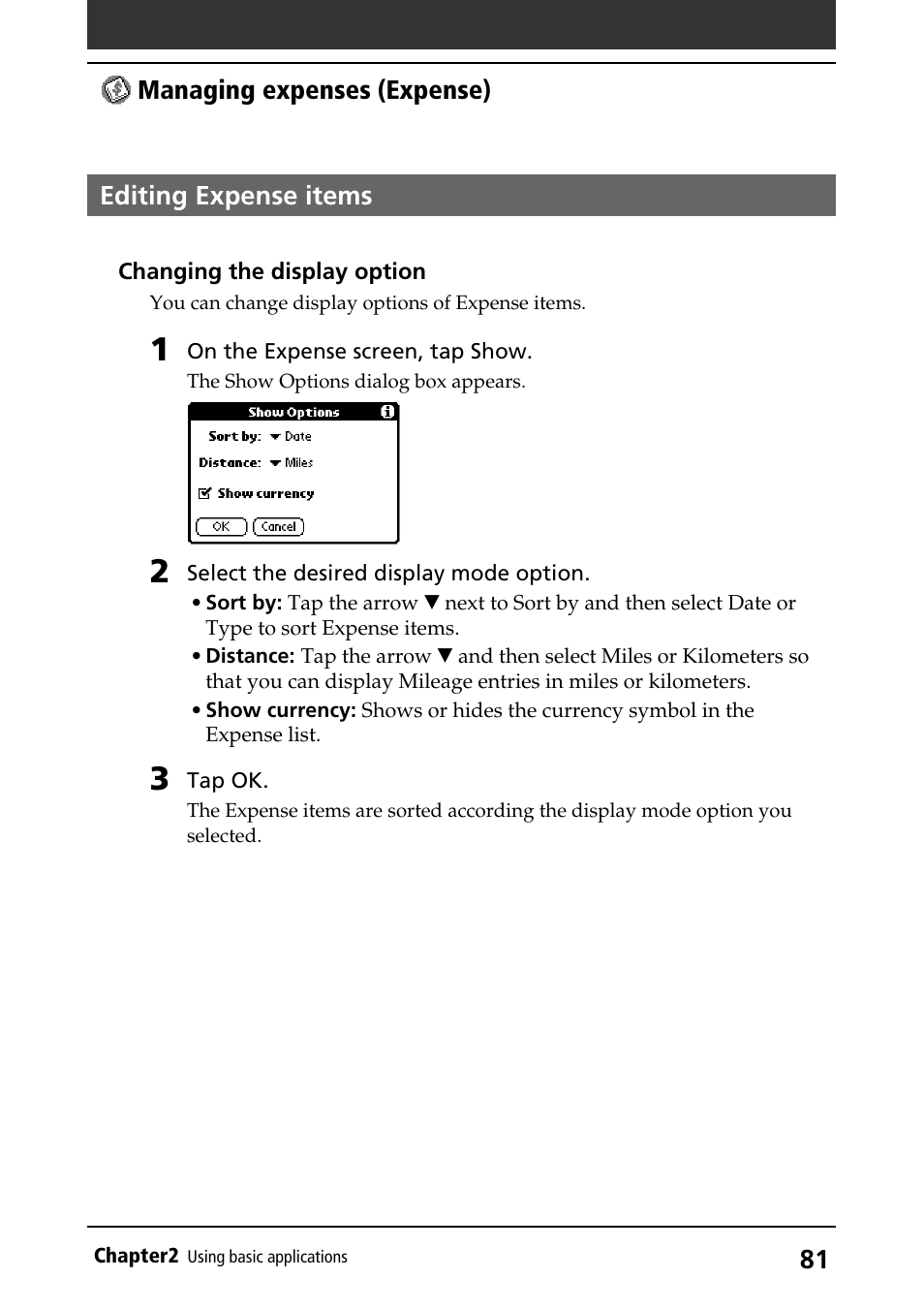 Editing expense items, Editing items, Viewing items | Sony PEG-S320 User Manual | Page 81 / 233