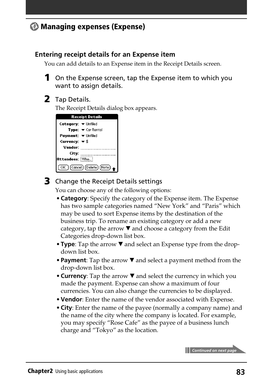 Managing expenses (expense) | Sony PEG-S320 User Manual | Page 83 / 233