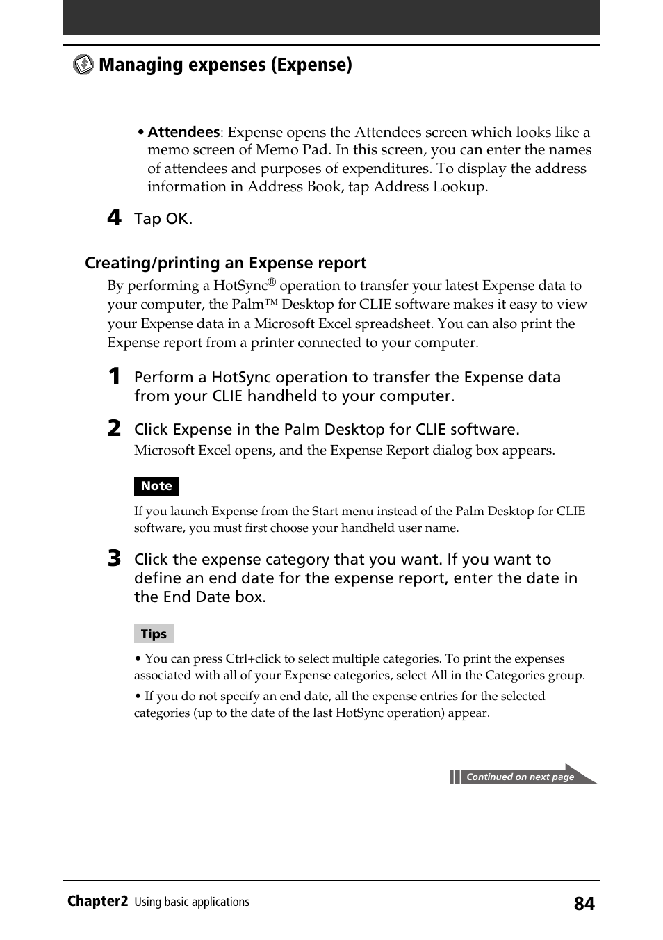 Managing expenses (expense) | Sony PEG-S320 User Manual | Page 84 / 233