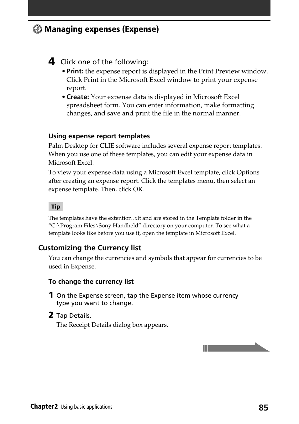 Currencies, Currencies list, Managing expenses (expense) | Sony PEG-S320 User Manual | Page 85 / 233