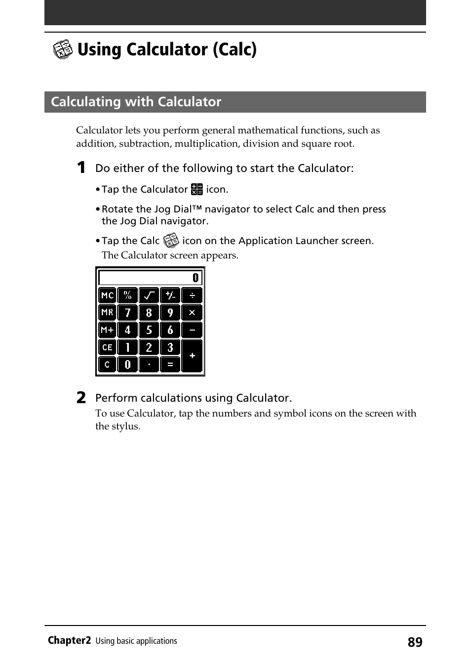 Using calculator (calc), Calculating with calculator, Using calculator | Calculator | Sony PEG-S320 User Manual | Page 89 / 233