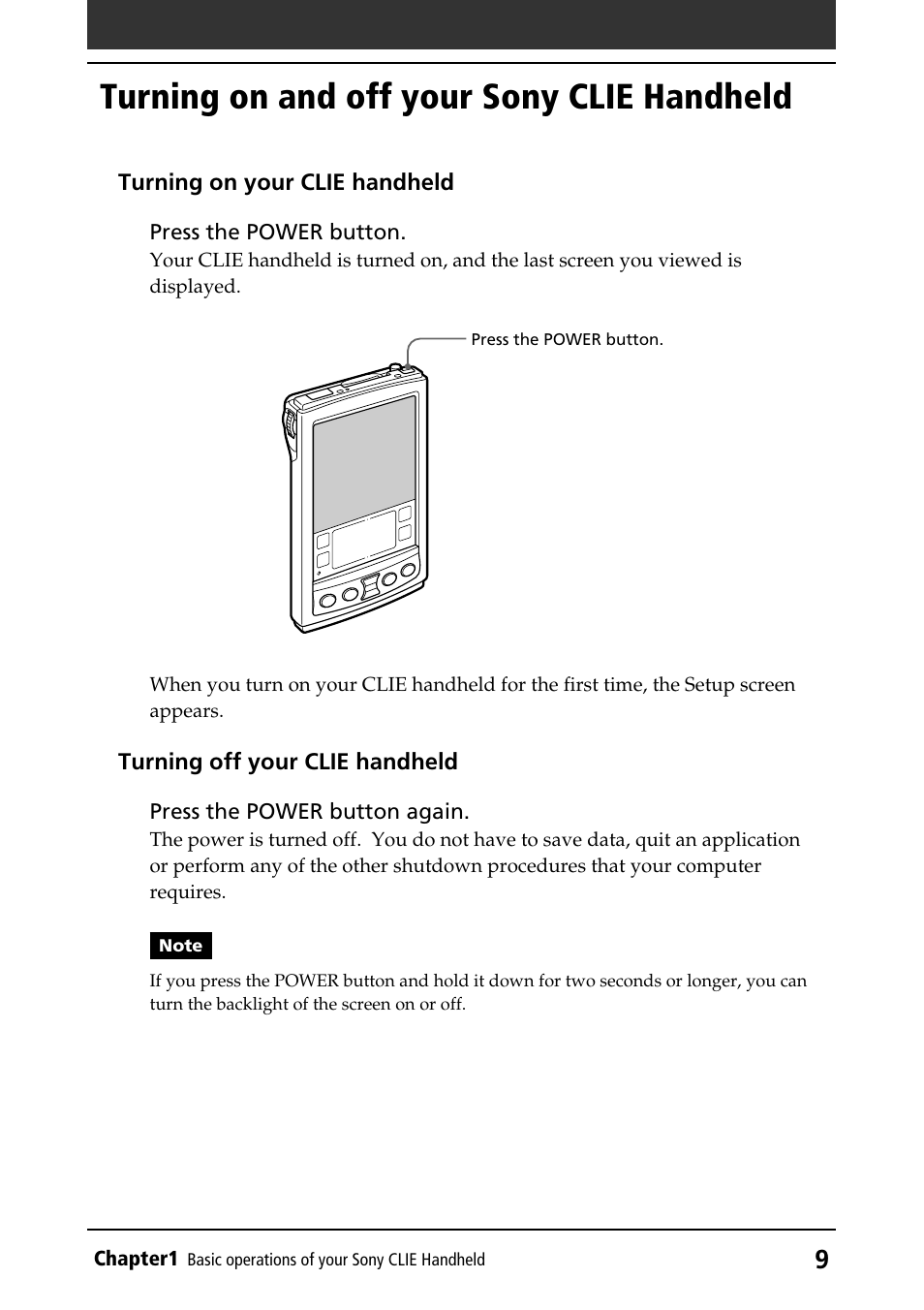 Turning on and off your sony clie handheld, Power button, Turning on and off your clie handheld | Sony PEG-S320 User Manual | Page 9 / 233