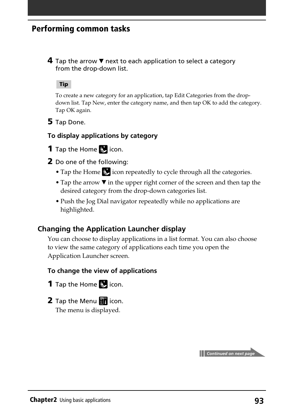 Displaying in list, Performing common tasks | Sony PEG-S320 User Manual | Page 93 / 233