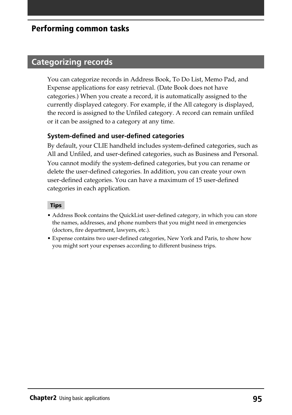 Categorizing records, Performing common tasks | Sony PEG-S320 User Manual | Page 95 / 233