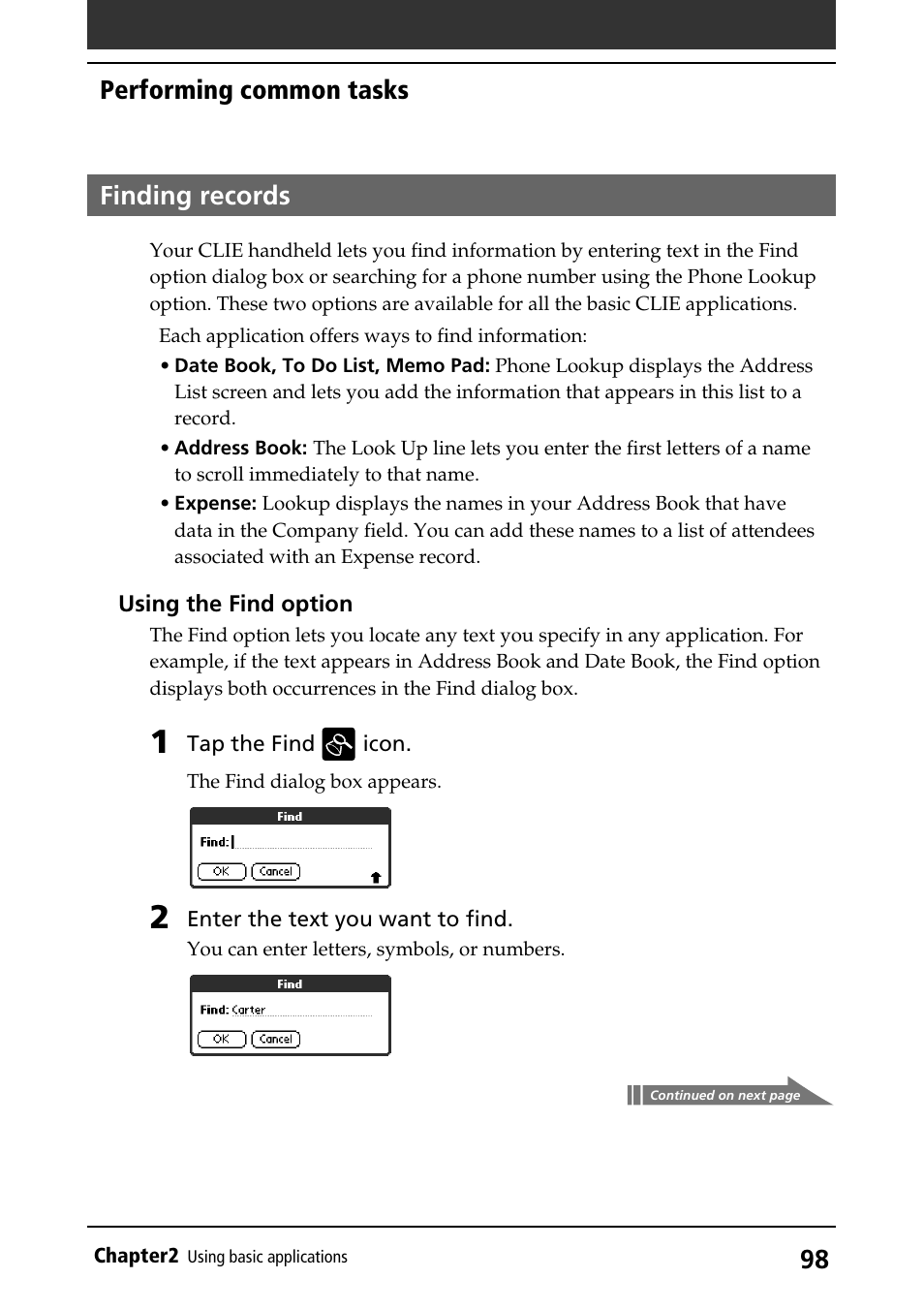 Finding records, Find option, Performing common tasks | Sony PEG-S320 User Manual | Page 98 / 233