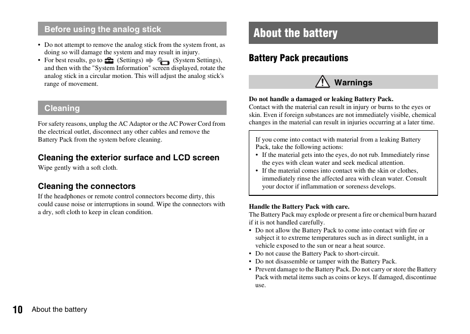 About the battery, Battery pack precautions | Sony PLAYSTATION PSP-3002 User Manual | Page 10 / 28