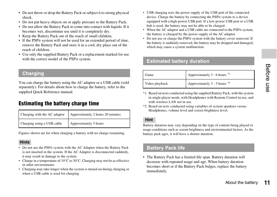 Bef o re us e, Estimating the battery charge time | Sony PLAYSTATION PSP-3002 User Manual | Page 11 / 28