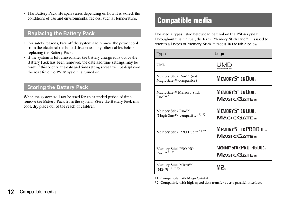 Compatible media | Sony PLAYSTATION PSP-3002 User Manual | Page 12 / 28