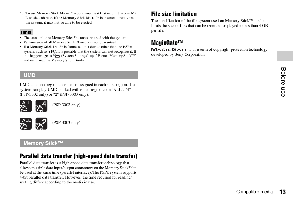 Bef o re us e, Parallel data transfer (high-speed data transfer), File size limitation | Magicgate | Sony PLAYSTATION PSP-3002 User Manual | Page 13 / 28