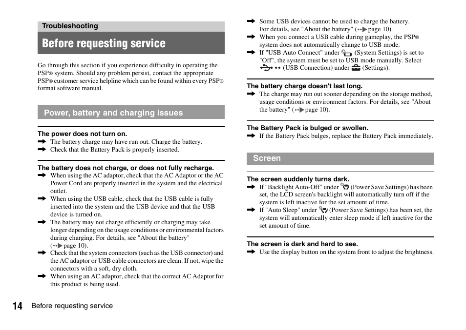 Troubleshooting, Before requesting service | Sony PLAYSTATION PSP-3002 User Manual | Page 14 / 28