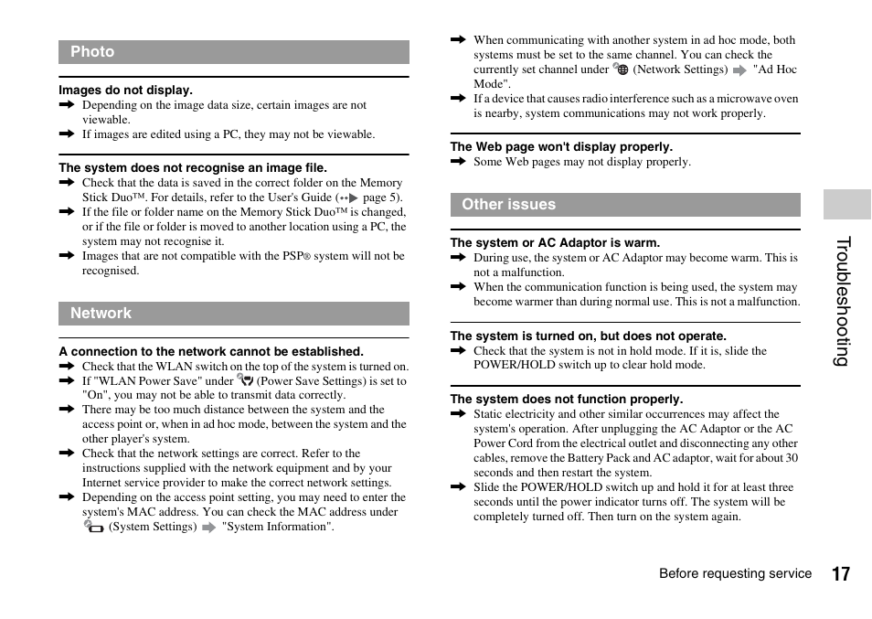 Troub le sh oot ing | Sony PLAYSTATION PSP-3002 User Manual | Page 17 / 28