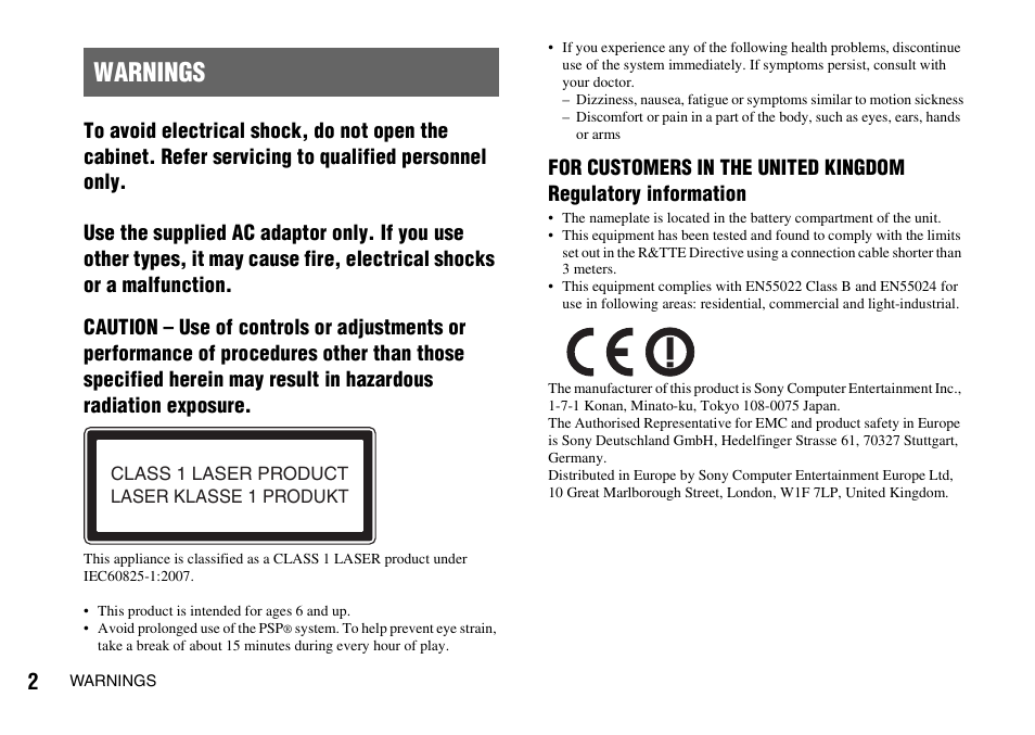 Warnings | Sony PLAYSTATION PSP-3002 User Manual | Page 2 / 28