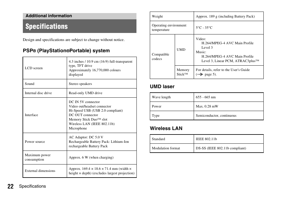 Additional information, Specifications | Sony PLAYSTATION PSP-3002 User Manual | Page 22 / 28