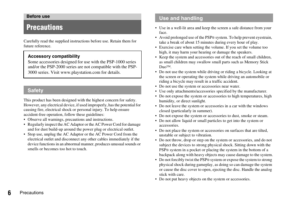 Before use, Precautions | Sony PLAYSTATION PSP-3002 User Manual | Page 6 / 28